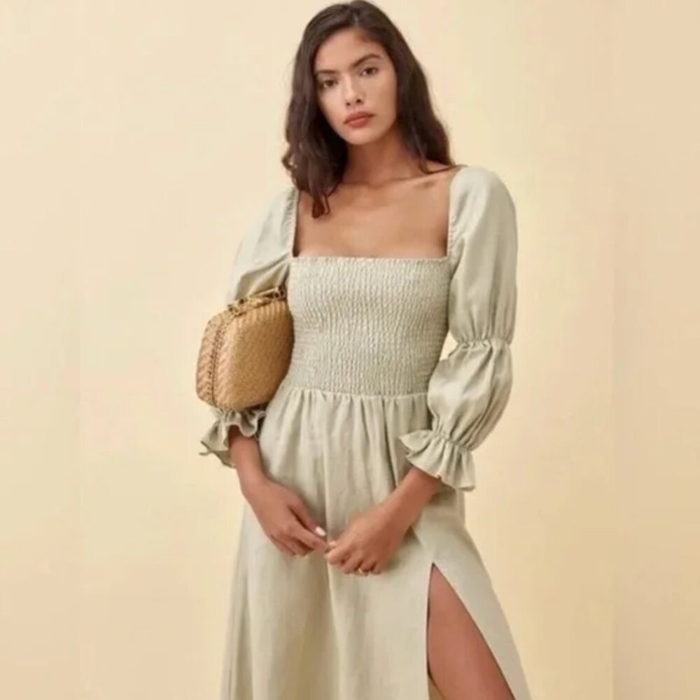 Reformation Hyland Linen Puff Sleeve Dress - Sage Size L